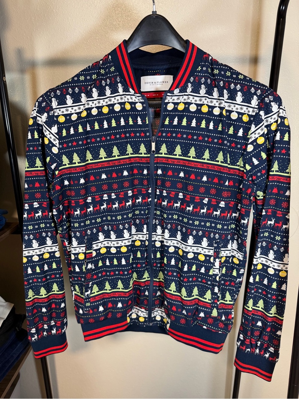 Denim & Flower Navy Zip-Up Holiday Fair Isle Sweater Jacket with Red Trim
